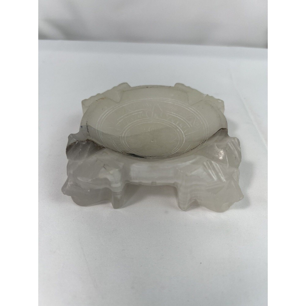 Alabaster‎ Onyx Stone Ashtray Carved Faces Mexican Aztec Engraved 4 inch